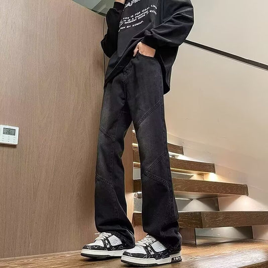Black Patchwork Jeans: Vintage Wash & Loose Streetwear Style