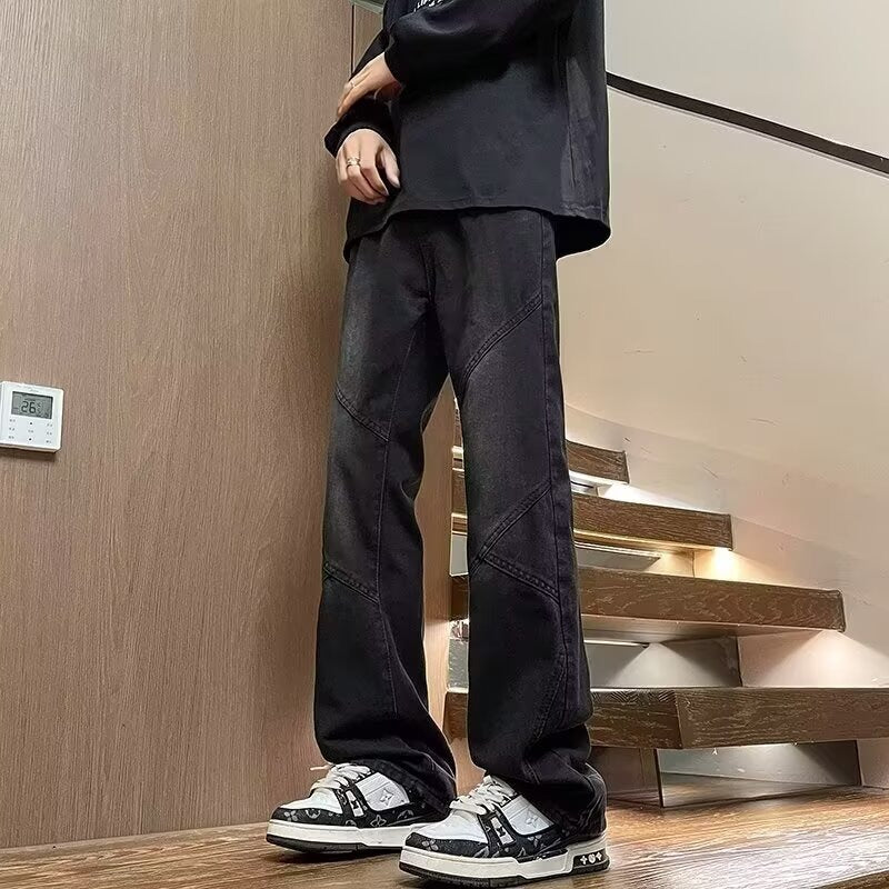 Black Patchwork Jeans: Vintage Wash & Loose Streetwear Style