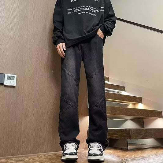 Black Patchwork Jeans: Vintage Wash & Loose Streetwear Style