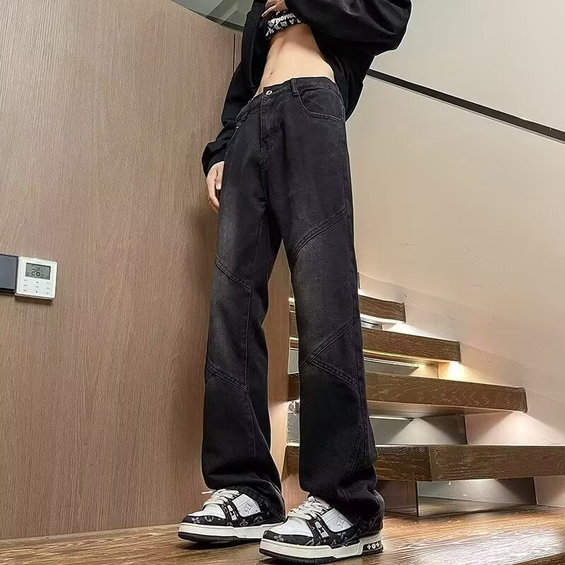Black Patchwork Jeans: Vintage Wash & Loose Streetwear Style