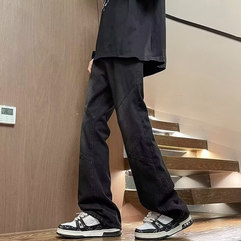 Black Patchwork Jeans: Vintage Wash & Loose Streetwear Style